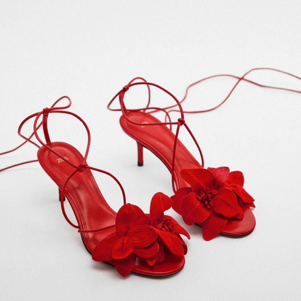 ZARA LACE UP TIED FLORAL MID-HEIGHT HEEL LEATHER SANDALS